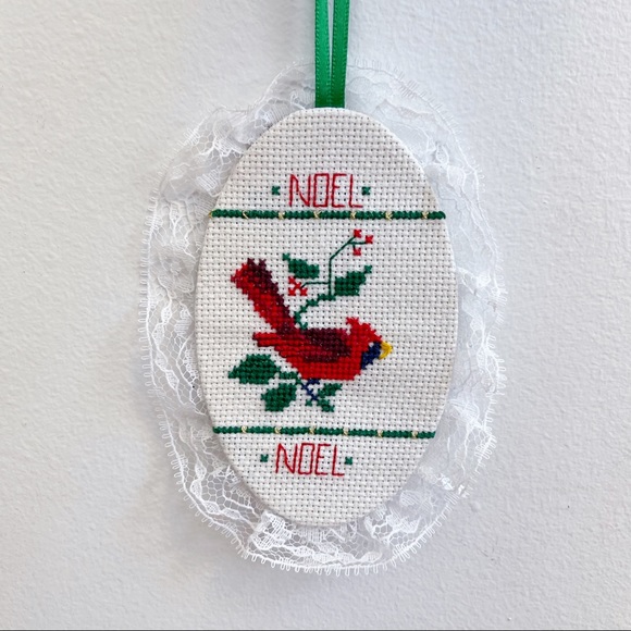 Mini Cross Stitch Red Cardinal NOEL Ornament - Picture 1 of 6